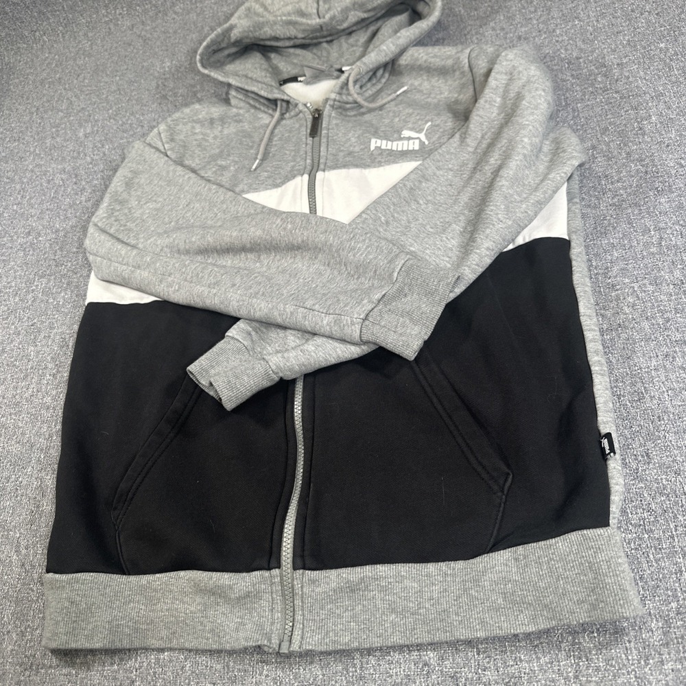 Puma Hoodie Zip Up Unisex M Gray Black Colorblock Sweatshirt Logo - Picture 1 of 8